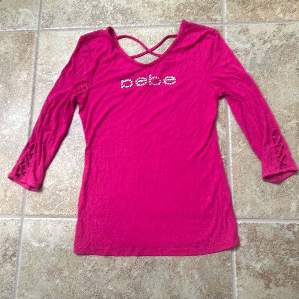 Bebe Hot Pink Women's 3/4 Sleeve Top Rhinestones Crisscross Back and cuffs
